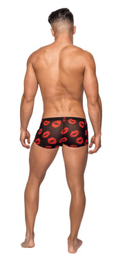 Kiss Me Mini Short (Sheer Lips Black) – Nylon Spandex Shorts - Medium Mens Costumes